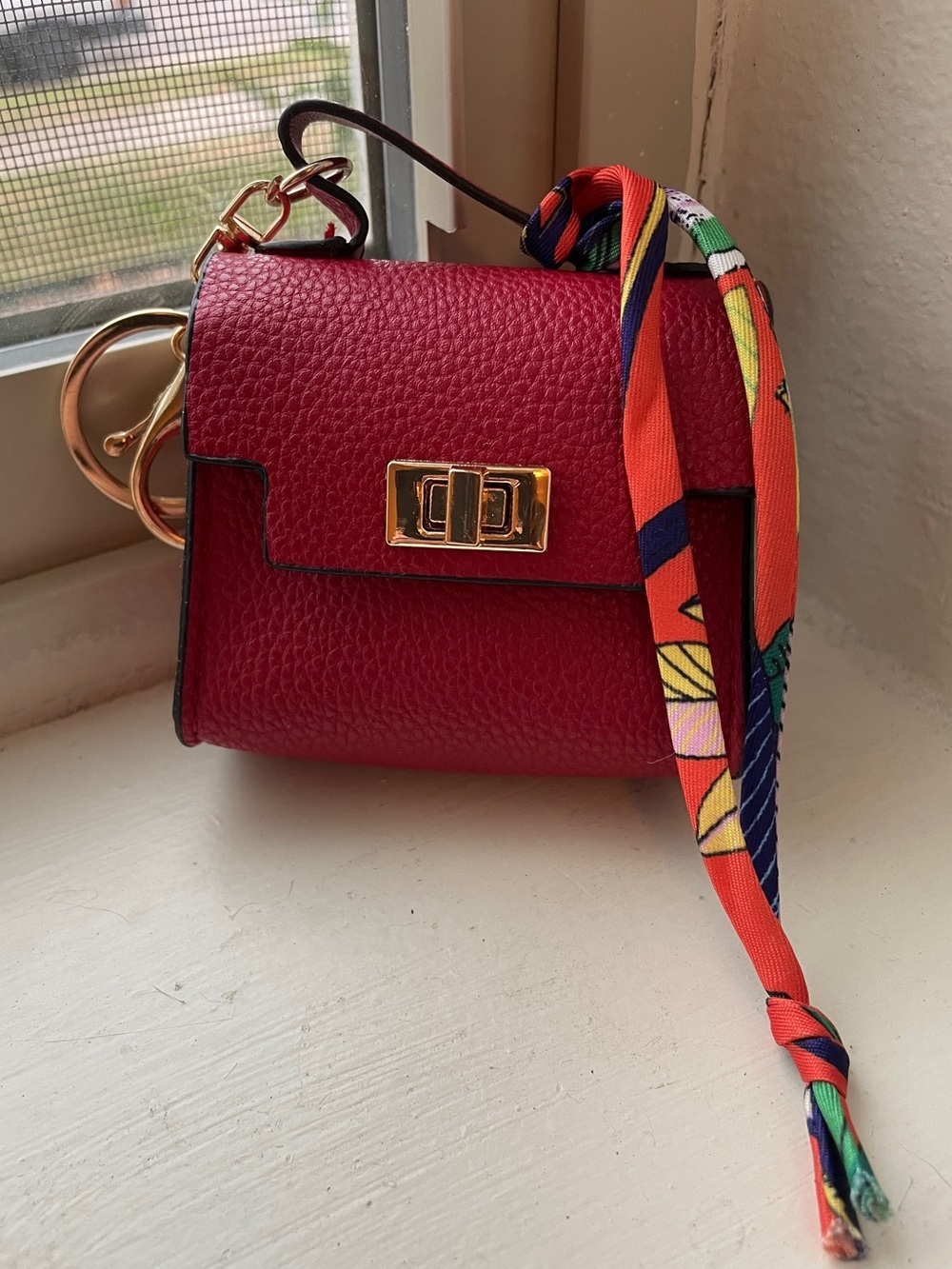 Red Pebbled Leather Bag charm with Scarf Detail